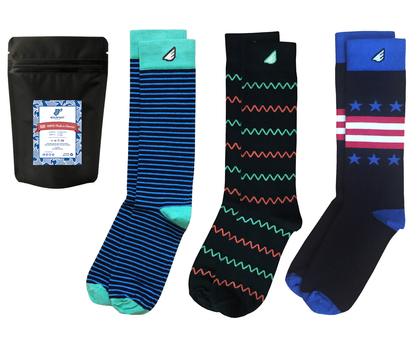 Colorful Black Patterned Dress Casual Socks Gift 3-Pack. American Made Bundle