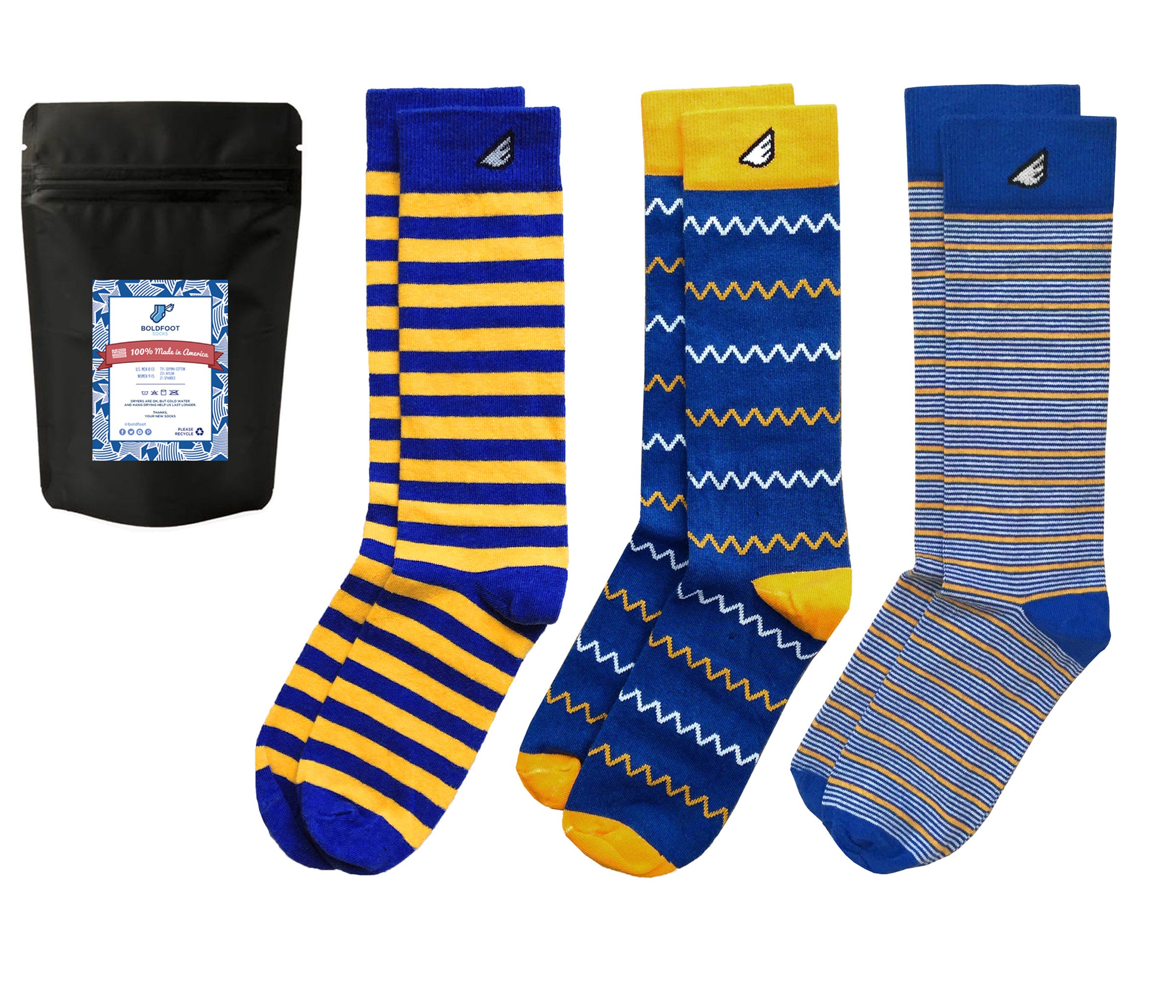 Mens Fun Pattern Blue & Gold Supima Cotton USA-made Dress Socks 3-pack MEDIUM: Men US Shoe 4-8, Women 5-9 Mens Fun Pattern Blue & Gold Supima Cotton USA-made Dress Socks 3-pack MEDIUM: Men US Shoe 4-8, Women 5-9