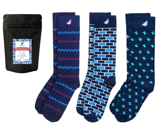 Navy Patterned Socks Gift 3-Pack. American Made Gift Bundle