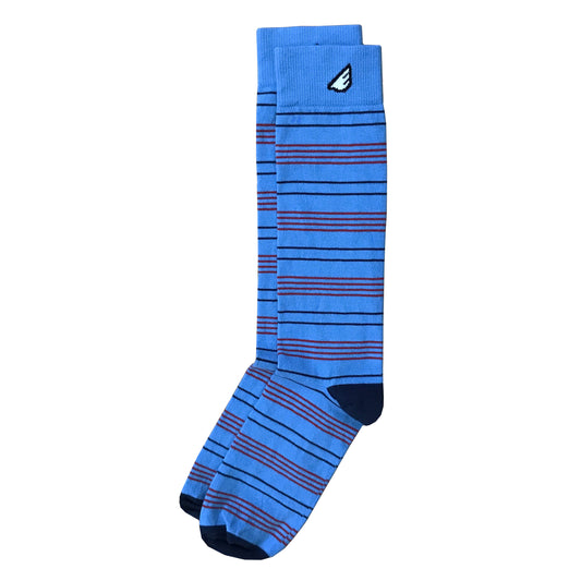 Daytripper - Sky Blue, Navy & Red. American Made Dress / Casual Thin Stripe Socks