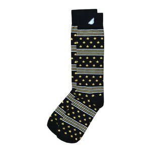 Fun Patriotic US Army Black Gold White American Flag Stars & Stripes Made in USA Dress Casual Socks Gift Stocking Stuffer for Men & Women