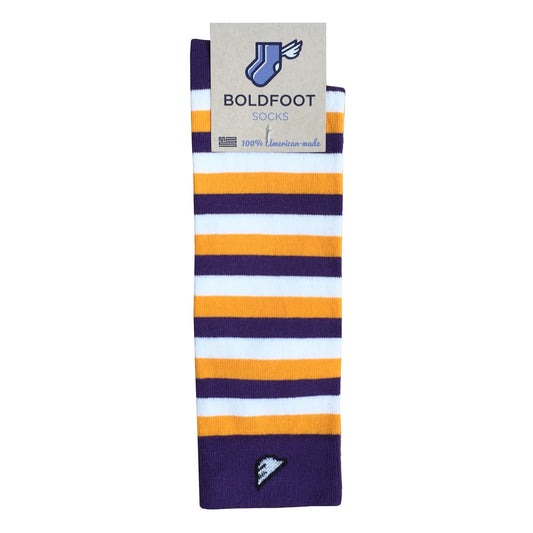 LSU Tigers ECU Pirates JMU Quality Fun Unique Crazy Stripe Dress Casual Socks Purple Gold White Made in America USA Packaging