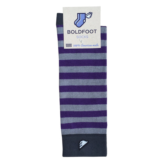 TCU Northwestern Quality Fun Unique Crazy Stripe Dress Casual Socks Purple Grey Made in America USA Packaging