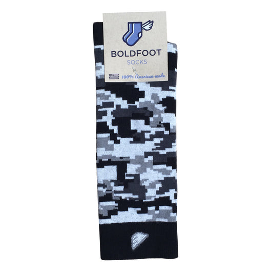 Digital Camo Camouflage Digicamo Quality Fun Unique Crazy Dress Casual Socks Black Grey White Made in America USA Packaging