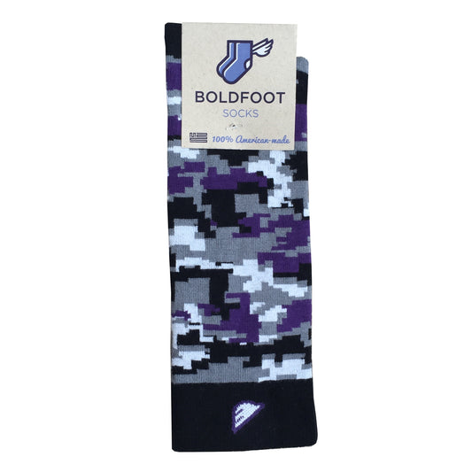 TCU Horned Frogs Baltimore Ravens Northwestern Digital Camo Camouflage Digicamo Quality Fun Unique Crazy Dress Casual Socks Black Purple Grey White Made in America USA Packaging