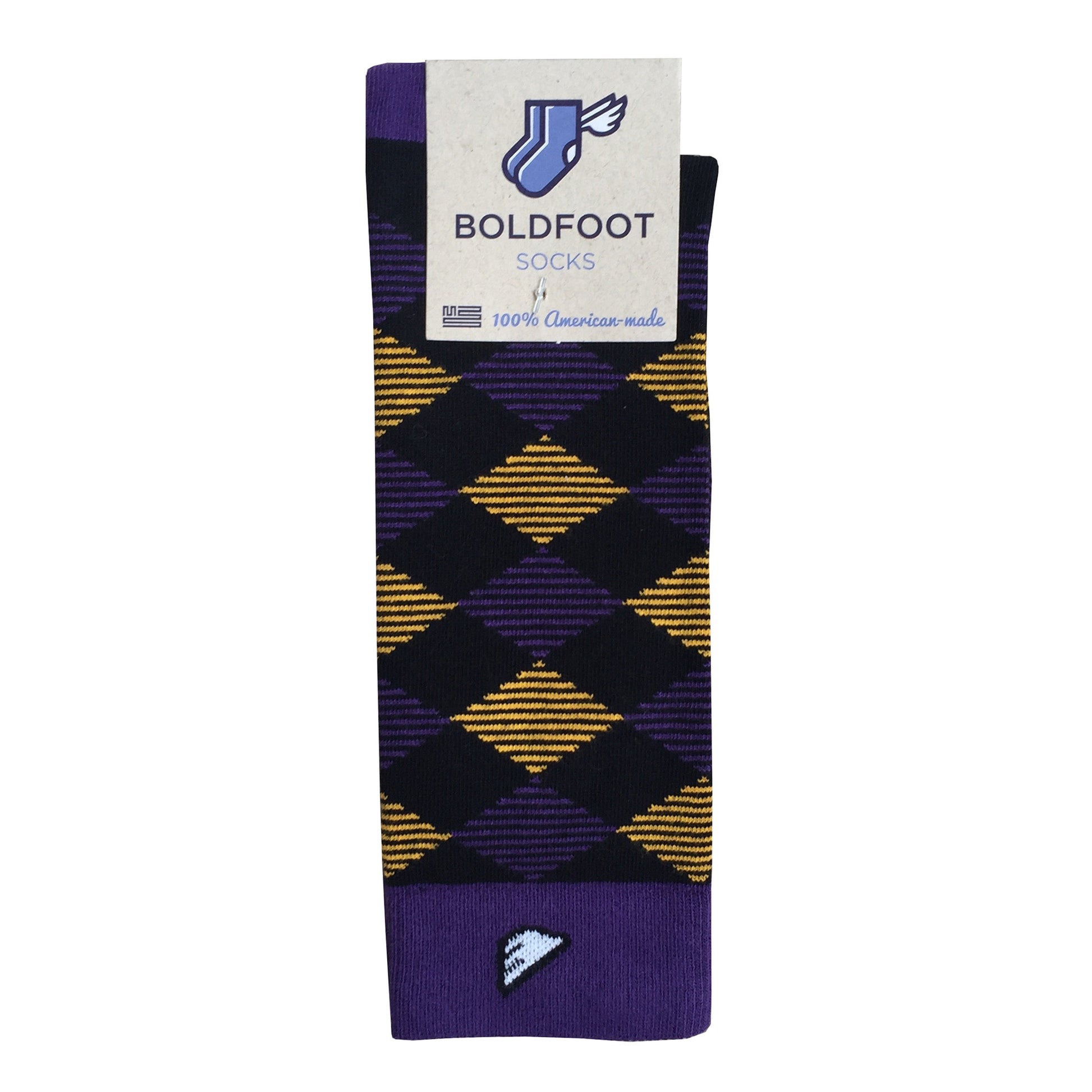 LSU Tigers ECU Pirates JMU Argyle Quality Fun Unique Crazy Dress Casual Socks Black Purple Gold Made in America USA Packaging