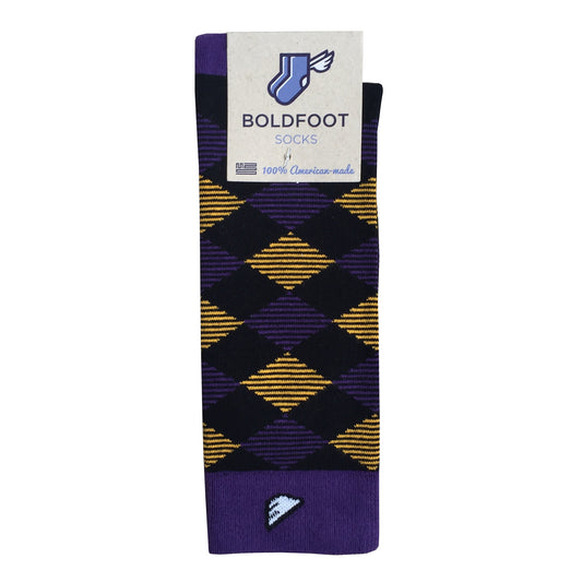 LSU Tigers ECU Pirates JMU Argyle Quality Fun Unique Crazy Dress Casual Socks Black Purple Gold Made in America USA Packaging