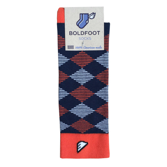 Denver Broncos Auburn Illinois Tigers Virginia Cavaliers Syracuse Chicago Bears Argyle Quality Fun Unique Crazy Dress Casual Socks Navy Orange White Made in America USA