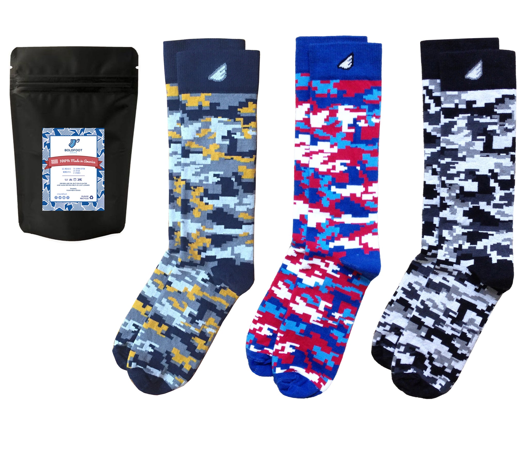 Mens Fun Colorful Digital Camo Supima Cotton USA-made Dress Socks 3-pack -  Boldfoot Socks