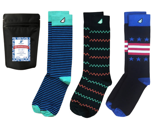 Colorful Black Patterned Dress Casual Socks Gift 3-Pack. American Made Bundle