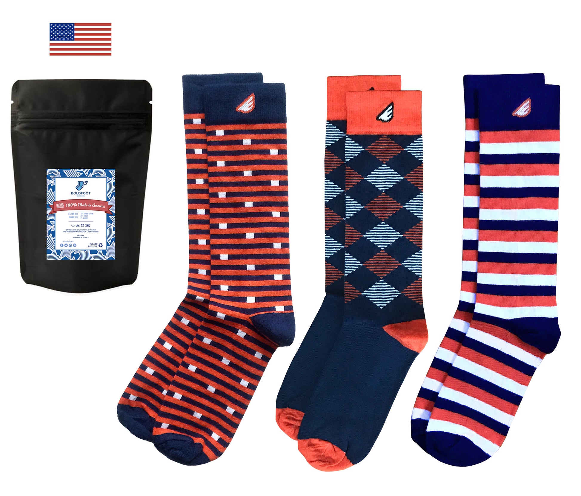 Navy Orange Gift 3-Pack Quality Fun Unique Crazy Dress Casual Socks UVA Broncos Bears Auburn Made in America USA