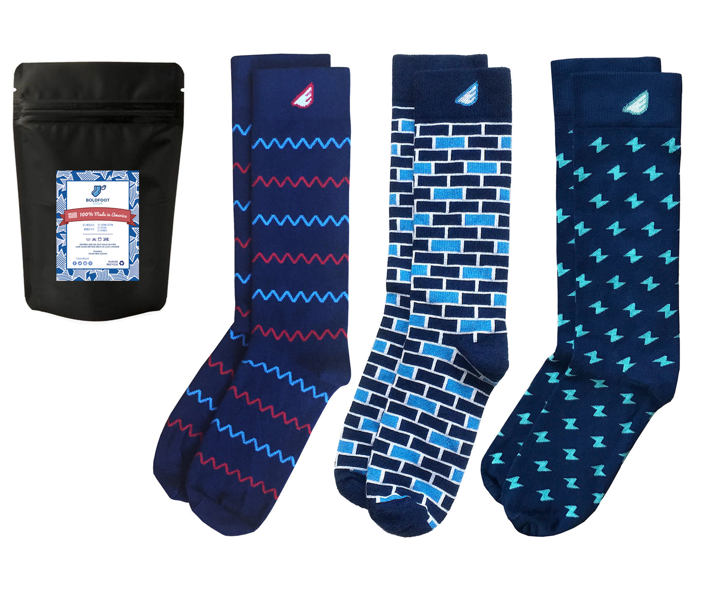 Navy Patterned Socks Gift 3-Pack. American Made Gift Bundle