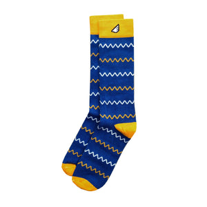 West Virginia Mountaineers Michigan Cal Bears Golden State Warriors Chevron Pattern High Quality Fun Unique Crazy Dress Casual Socks Royal Blue Gold Yellow White Made in America USA