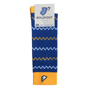 West Virginia Mountaineers Michigan Cal Bears Golden State Warriors Chevron Pattern High Quality Fun Unique Crazy Dress Casual Socks Royal Blue Gold Yellow White Made in America USA Packaging