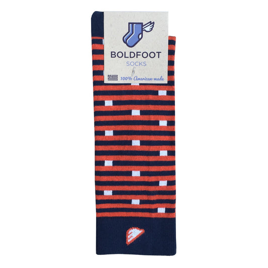 Denver Broncos UVA Virginia Cavaliers Auburn Tigers Chicago Bears Quality Fun Unique Crazy Stripe Dress Casual Socks Navy Orange Made in America USA