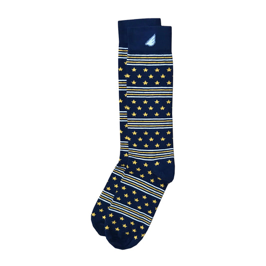 Fun Patriotic Naval Academy Navy Gold White American Flag Stars & Stripes Made in USA Dress Casual Socks Gift Stocking Stuffer for Men & Women