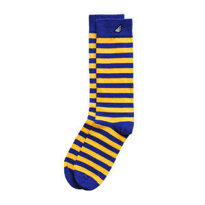 Golden State Warriors Cal Bears WVU Michigan Quality Fun Unique Crazy Stripe Dress Casual Socks Royal Blue Gold Yellow Made in America USA
