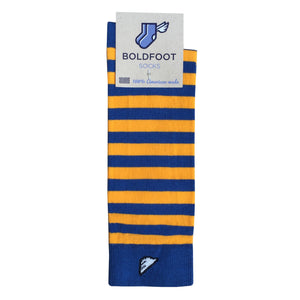 Golden State Warriors Cal Bears WVU Michigan Quality Fun Unique Crazy Stripe Dress Casual Socks Royal Blue Gold Yellow Made in America USA Packaging