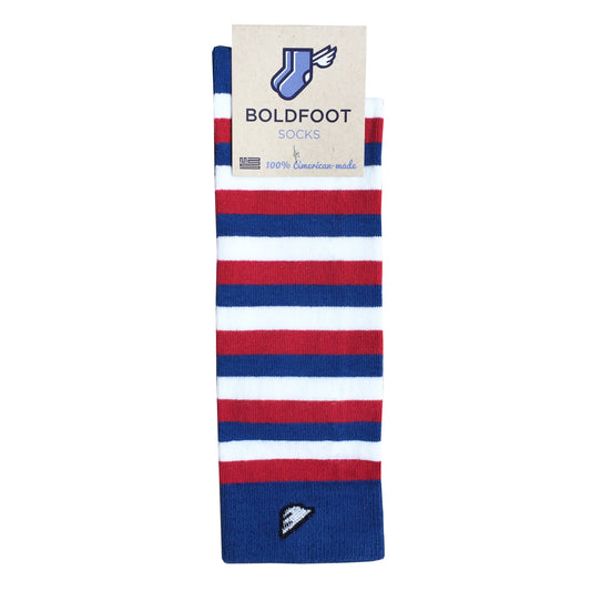 Quality Fun Unique Crazy USA Stripe Dress Casual Socks Red White Royal Blue Made in America George W. Bush Packaging