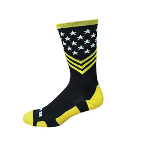Fun Patriotic US Army Black Gold White American Flag Stars & Stripes Made in USA Athletic Running Work-out Socks Gift for Men & Women