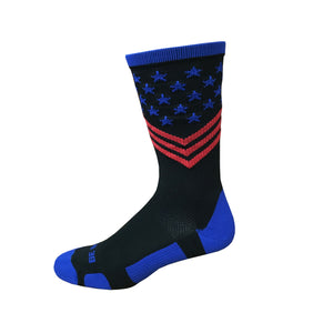 Fun Patriotic Black Royal Blue Red American Flag Stars & Stripes Made in USA Athletic Running Work-out Socks Gift for Men & Women