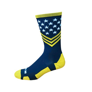 Fun Patriotic Naval Academy Navy Gold White American Flag Stars & Stripes Made in USA Athletic Running Work-out Socks Gift for Men & Women