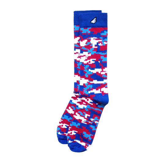Digital Camo Camouflage Digicamo Quality Fun Unique Crazy Dress Casual Socks Royal Blue Red Whie Sky Made in America USA