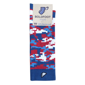 Digital Camo Camouflage Digicamo Quality Fun Unique Crazy Dress Casual Socks Royal Blue Red Whie Sky Made in America USA Packaging
