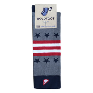 Quality Fun Unique Crazy Stars & Stripes Dress Casual Socks Light Grey Navy Red White Made in America USA Flag Packaging