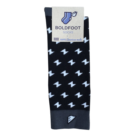 Men's Fun Unique Crazy Lightning Bolt Polka Dot Dress Casual Socks Black Grey White Made in America USA Packaging